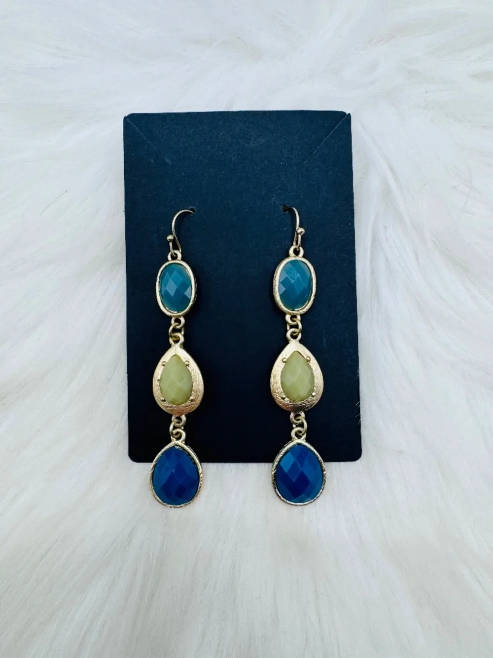 Blue & Green Statement Drop Earrings | Gold Tone